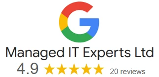 Google Reviews logo for Managed IT Experts showing a score of 20 reviews at 4.9 stars