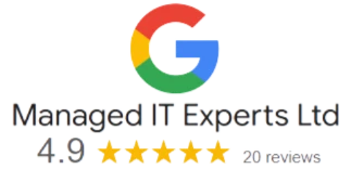 Google Reviews logo for Managed IT Experts showing a score of 20 reviews at 4.9 stars