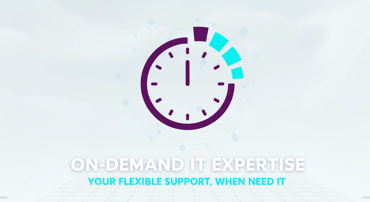 On-Demand IT Expertise banner featuring a purple and cyan clock icon over a faint digital network background. Text: ON-DEMAND IT EXPERTISE - YOUR FLEXIBLE SUPPORT, WHEN NEED IT.